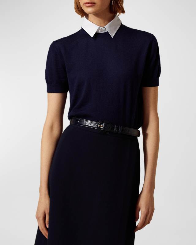 Short-Sleeve Cashmere Sweater w/ Detachable Coll